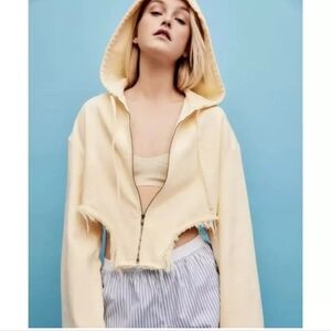 Zara Yellow Denim Hooded Asymmetric Hem Zip Jacket Size S Oversized